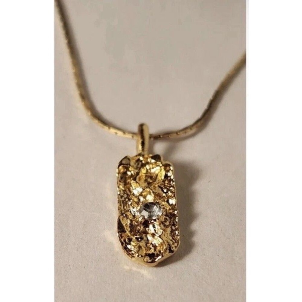 Unique Necklace Gold Plated Simulated Diamond Pendant Rectangular Shape 18"